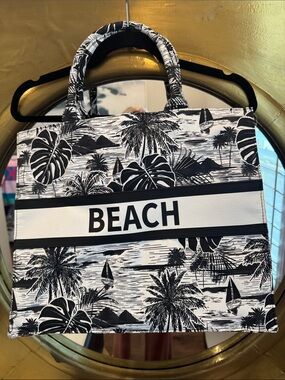 Black & White 'BEACH' Canvas Tote Bag